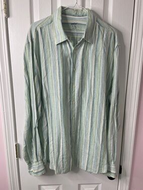 Linen Button Up Green Blue Stripe Size XXL